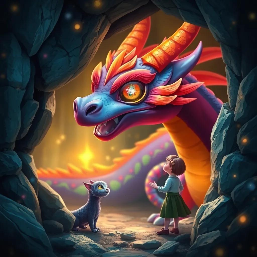 A vibrant colored dragon with sparkling eyes emerging from the cave, looking at Sami with curiosity and warmth, surrounded by a magical aura, digital art, enchanting, detailed, uplifting imagery