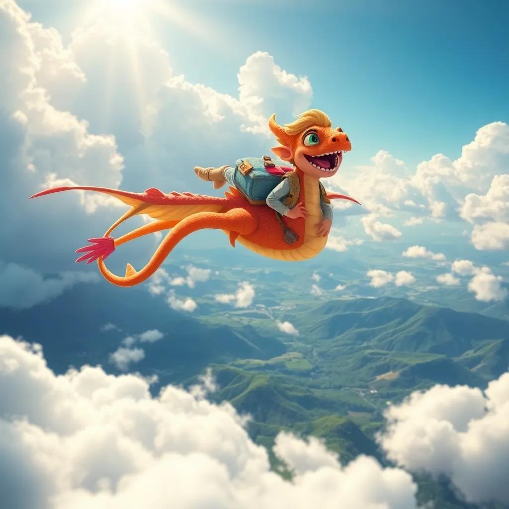 Sami flying high above the clouds with the colorful dragon, joyfully exploring the beautiful landscapes below, with sunlight radiating, illustration, breathtaking view, magical realism, adventurous mood, high quality