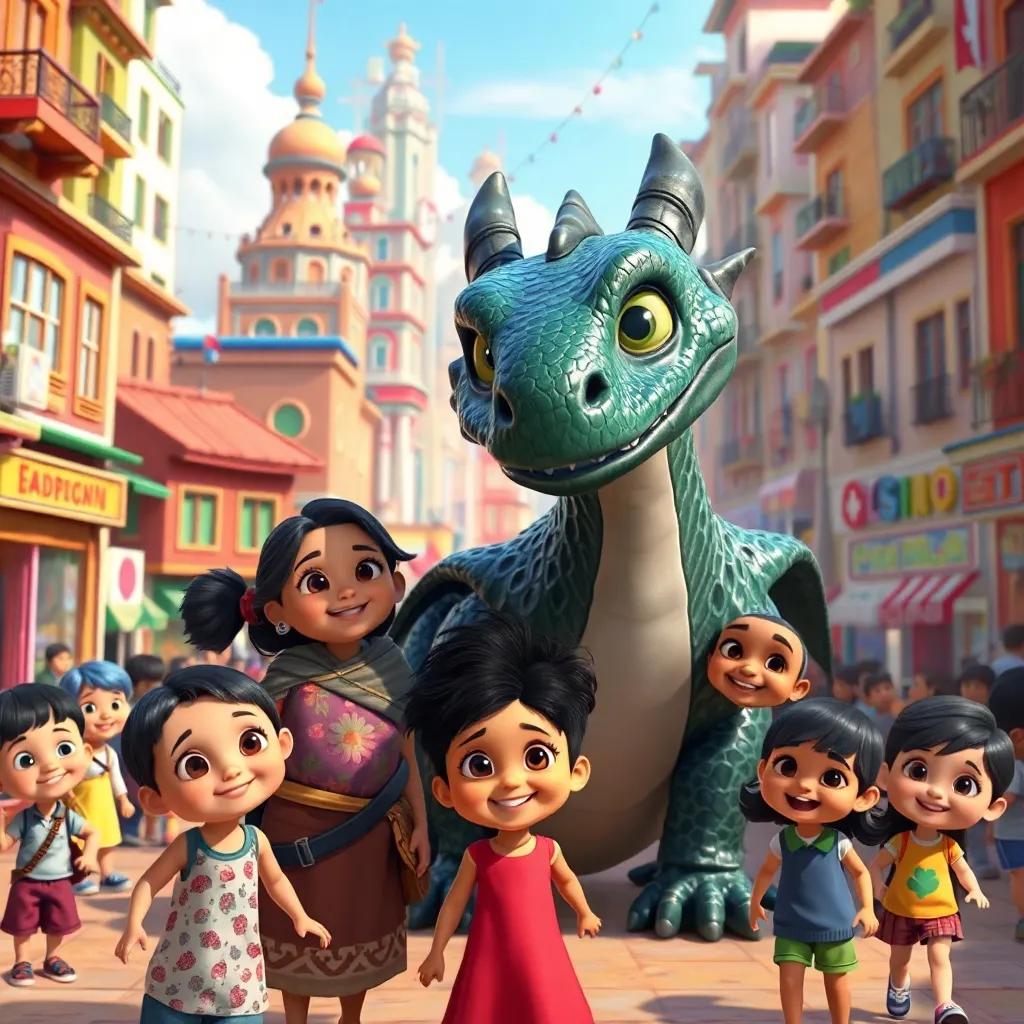 Sami and the dragon visiting a bustling city filled with smiling children, light-skinned children of different ethnic backgrounds playing together, with colorful buildings, digital art, community spirit, cheerful ambiance, vibrant colors