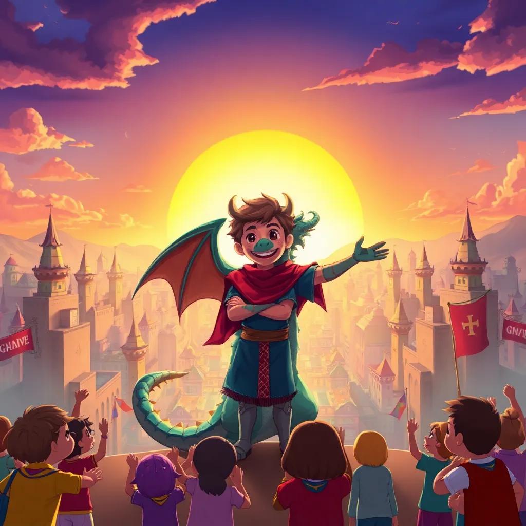 Sami and the dragon standing tall as heroes in front of a grateful city, children cheering, banners waving, with a sunset setting in the background, illustration, heartwarming, vibrant colors, action-packed scene