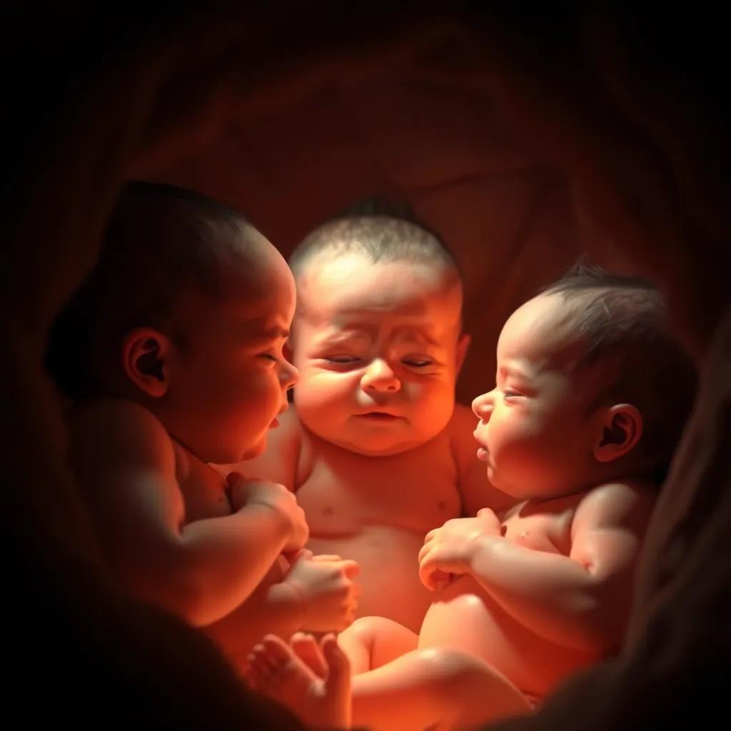 Three babies in a dark womb, softly glowing and looking at each other with curious expressions, digital art, warm colors, intimate atmosphere, high quality