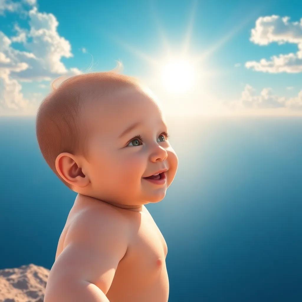 A baby emerging into a bright sunny world, with a vast blue sky, shining sun, and endless seas around, colorful digital painting, cheerful, lively scenery, high quality