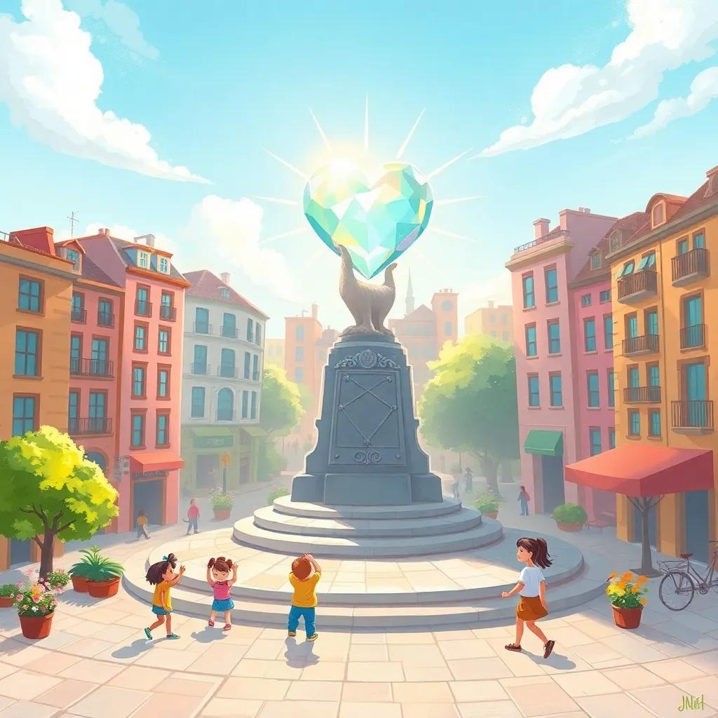 A small city square with a large statue in the center, a shimmering crystal heart on top of it, bright sunshine illuminating the scene, children playing around, colorful flowers blooming, vibrant atmosphere, digital art