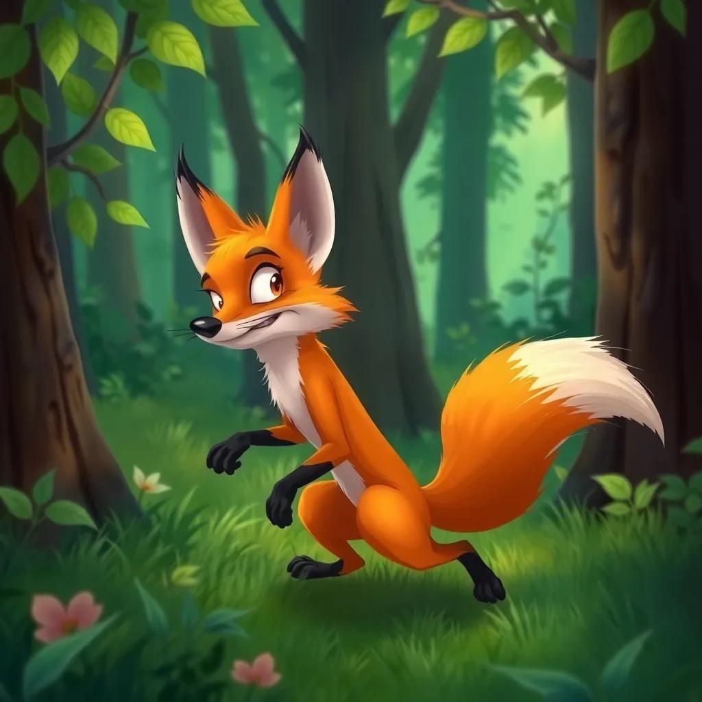 A sly fox, a thief, with bright orange fur and a bushy tail, sneaking through a green forest, digital art, vibrant colors, whimsical feel, high quality