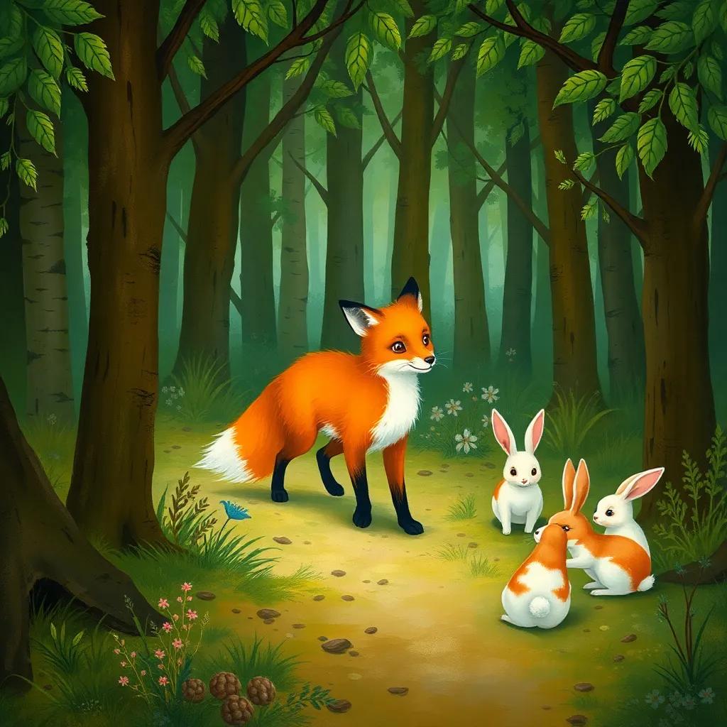 A cunning fox, with orange fur, walking through a dense forest, spotting a group of rabbits, illustration, lively colors, curious atmosphere, child-friendly