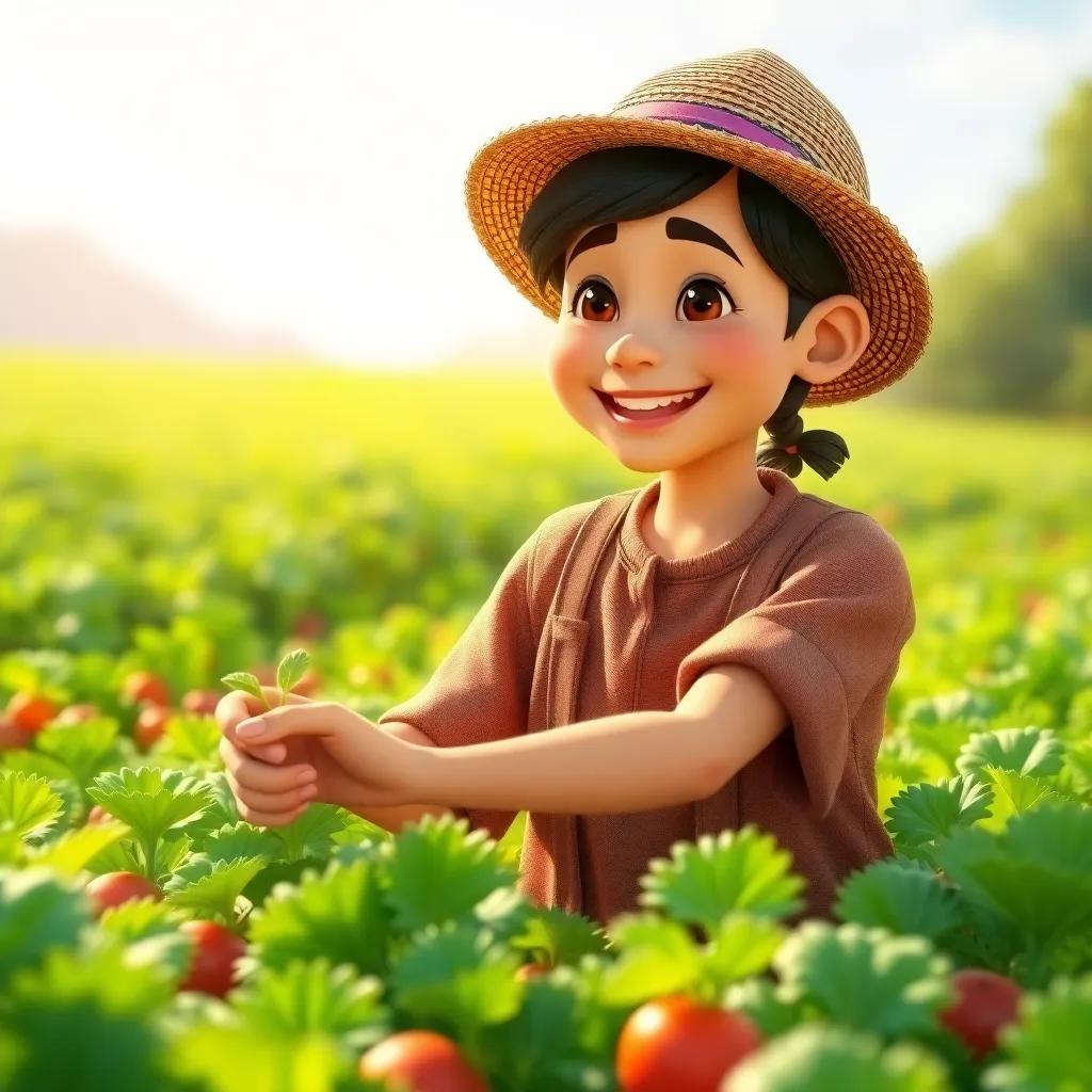 A kind farmer, wearing simple clothes, planting vegetables happily in a lush green field, bright sunshine, vibrant colors, cheerful atmosphere, detailed digital art