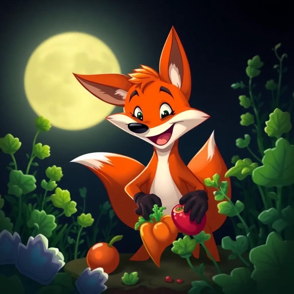 A sly fox, sneaking into the garden at night, grabbing vegetables with a sneaky smile under the moonlight, cheerful yet mischievous illustration, dark background, contrasting colors