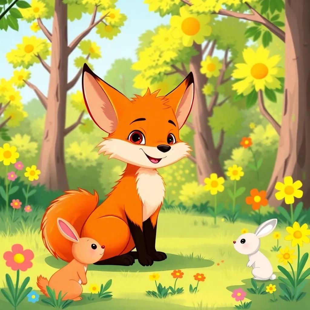 A clever fox named Falih, with bright orange fur and a bushy tail, smiling and talking to little rabbits in a sunny forest with green trees and colorful flowers, digital art, cheerful, vibrant colors, playful atmosphere, high quality