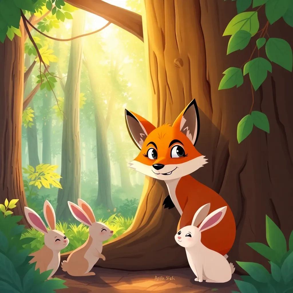 A clever fox named Falih, hiding behind a large tree, waiting for the rabbits, with a sly grin, surrounded by the forest and soft sunbeams filtering through the leaves, digital illustration, engaging, bright colors, fun perspective, high quality