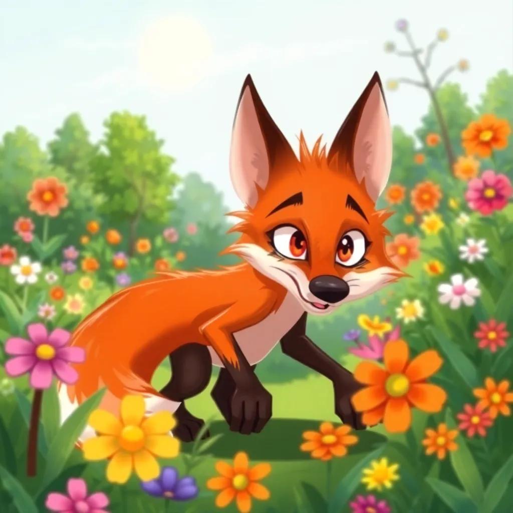 A hungry fox, looking thin and weak, sneaking through a garden filled with colorful flowers and trees, with a desperate expression, digital art, vibrant colors, clear sunlight, playful perspective, child-friendly