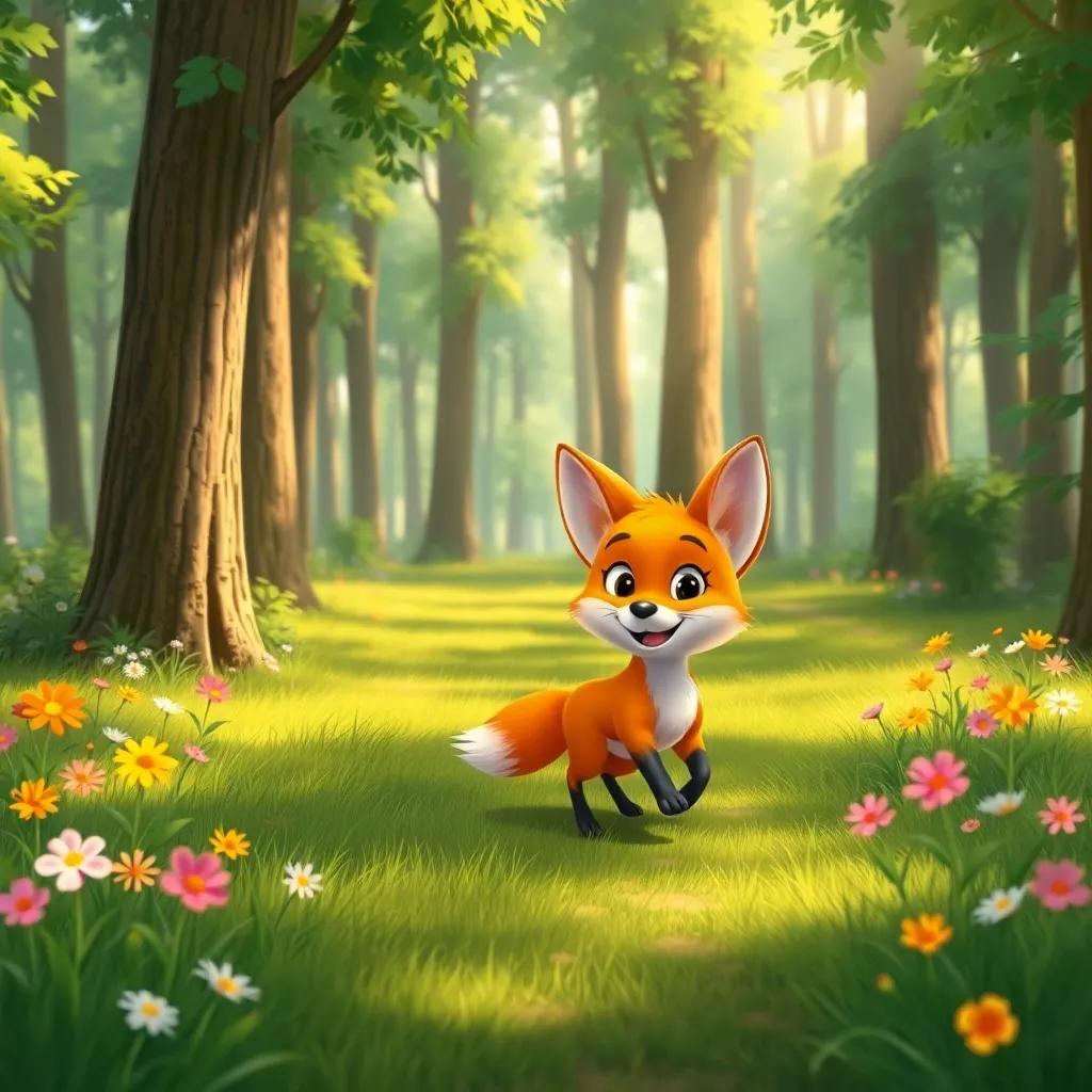 A small, cute fox walking happily in a green forest full of high trees and colorful flowers, sunlight shining through the leaves, cheerful and vibrant, digital art, warm and inviting atmosphere, high quality