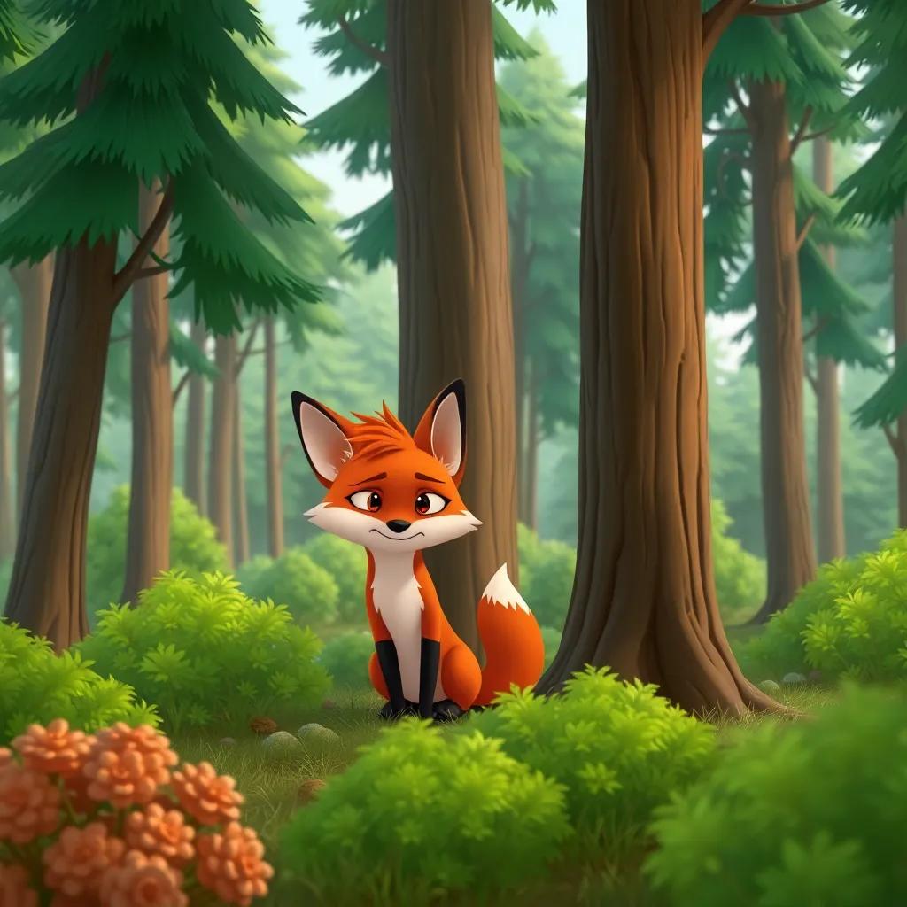 A red fox, sitting under a tall tree, looking slightly annoyed, in a forest filled with tall trees and green bushes, child-friendly, vibrant colors, playful atmosphere, highly detailed