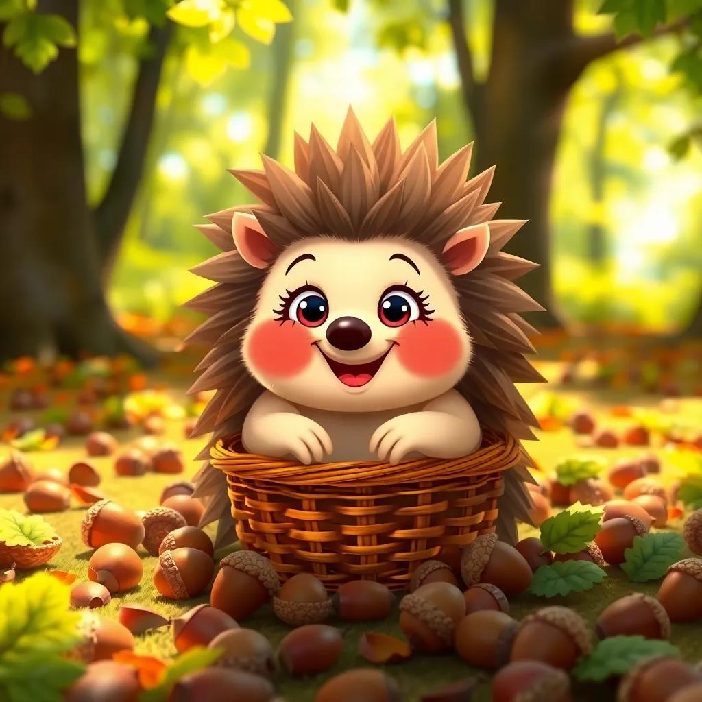 A happy hedgehog, with cute little eyes and spiky back, sitting with a basket, surrounded by acorns in the forest, cheerful, colorful, bright sunlight, inviting scene