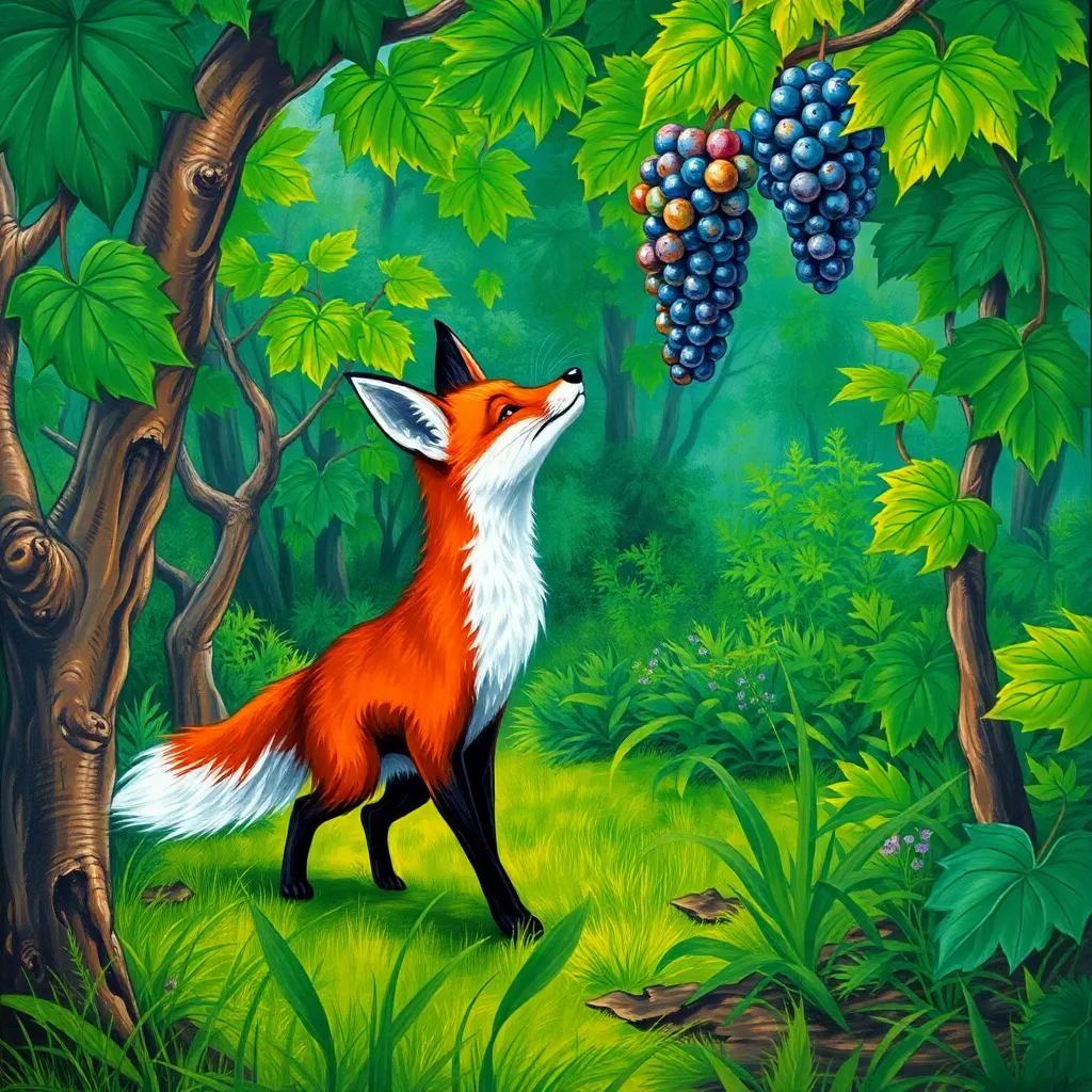A cunning fox, walking in a lush green forest, looking up at a bunch of grapes hanging from a high branch, vibrant colors, cheerful atmosphere, storytelling perspective, high quality