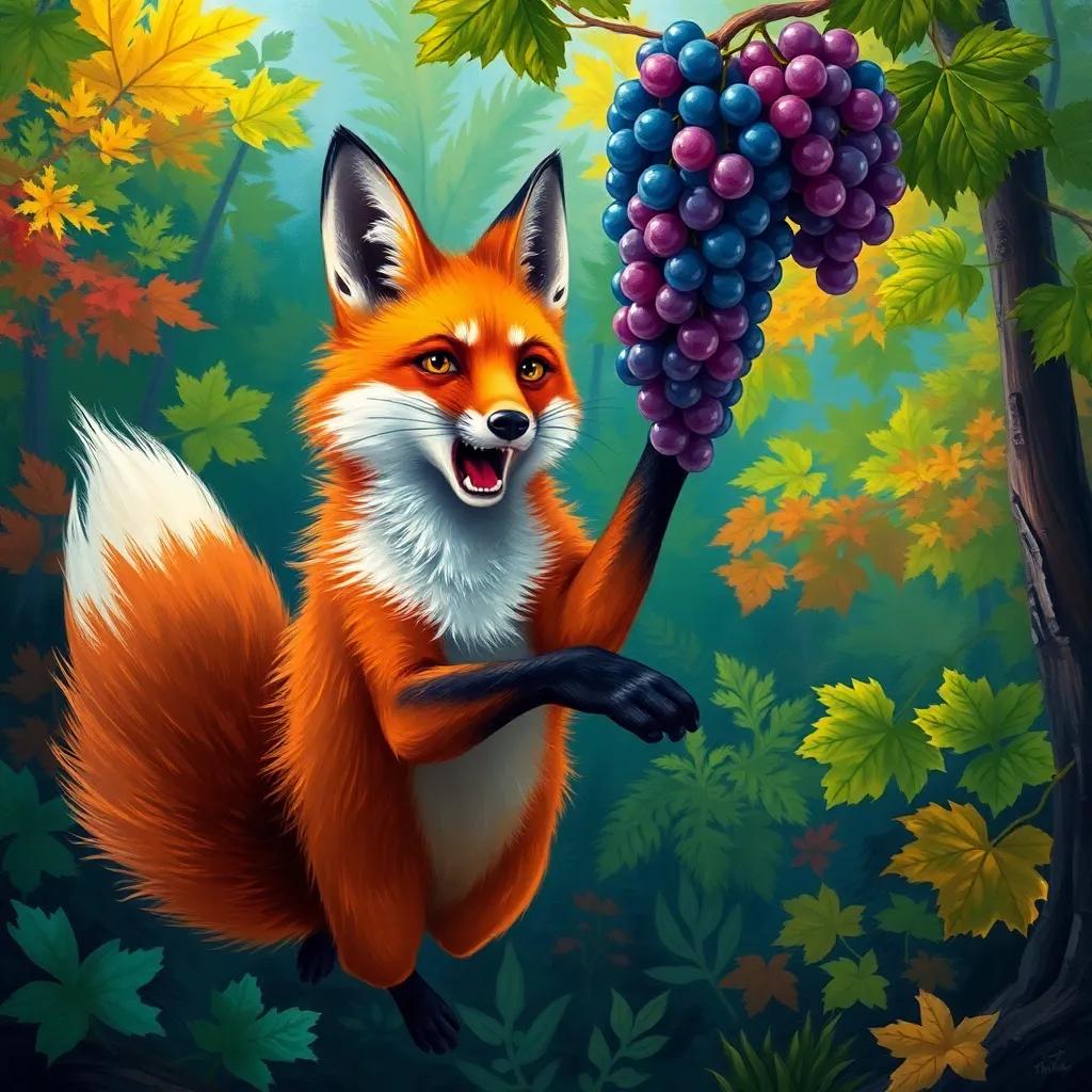 A frustrated fox, with a determined look, making a leap towards a high bunch of grapes, colorful forest background, dynamic action, engaging composition, digital art, vivid details, high quality