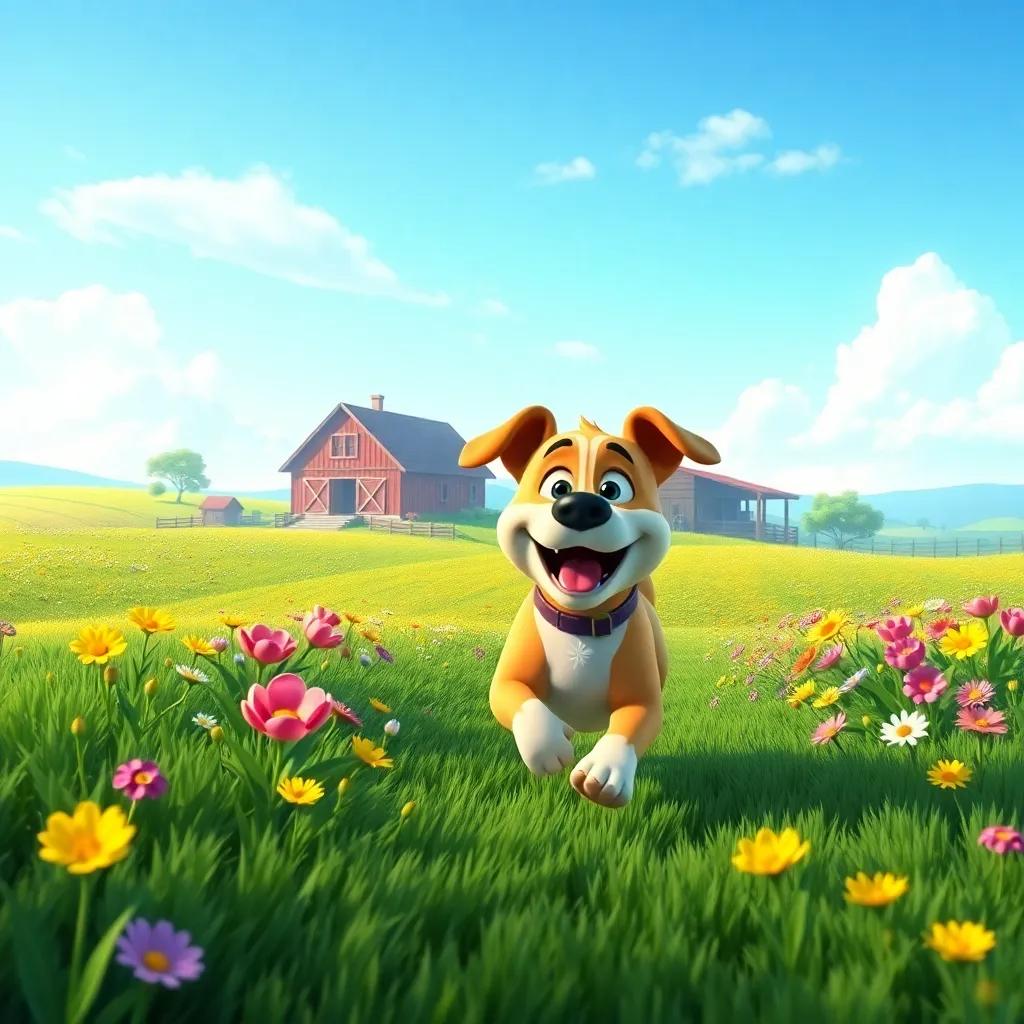 A wide farm with a cheerful dog named Bob running around, green fields and colorful flowers, blue sky, joyful atmosphere, digital art, vibrant colors, high quality