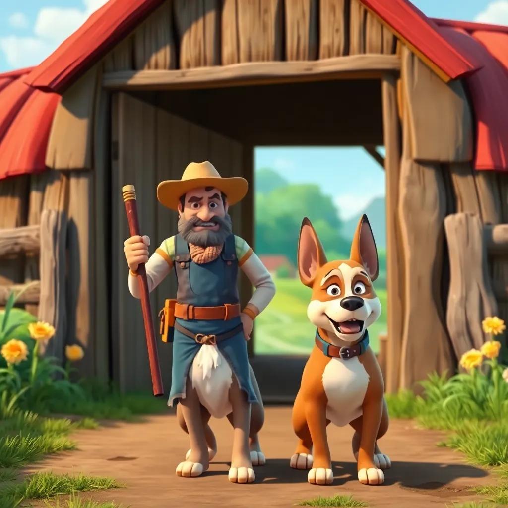 A farmer angrily entering the farm, holding a stick, with a brave dog named Bob standing in front of him, protective stance, tension in the air, colorful and lively farm background, cartoon style, dynamic composition