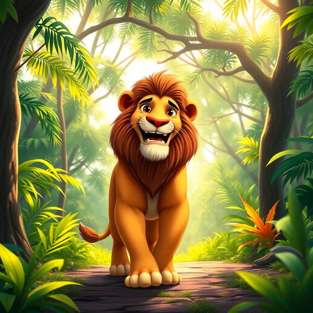 A proud lion, walking in the forest, boasting about his strength, vibrant jungle, bright sunlight filtering through the trees, cheerful and light atmosphere, highly detailed, colorful