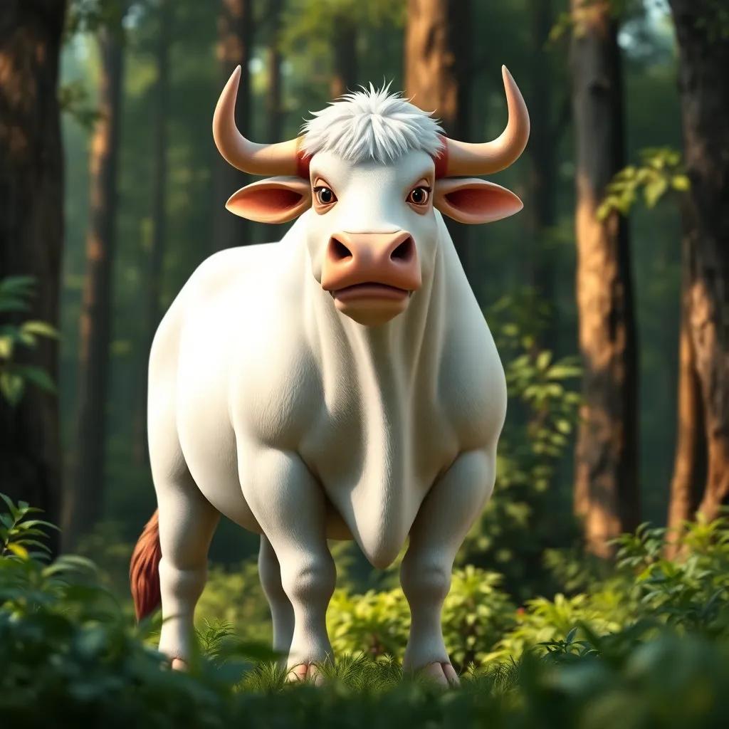A strong white bull, calm and wise, standing tall in the forest, surrounded by lush greenery, confident expression, warm and inviting colors, serene, high quality