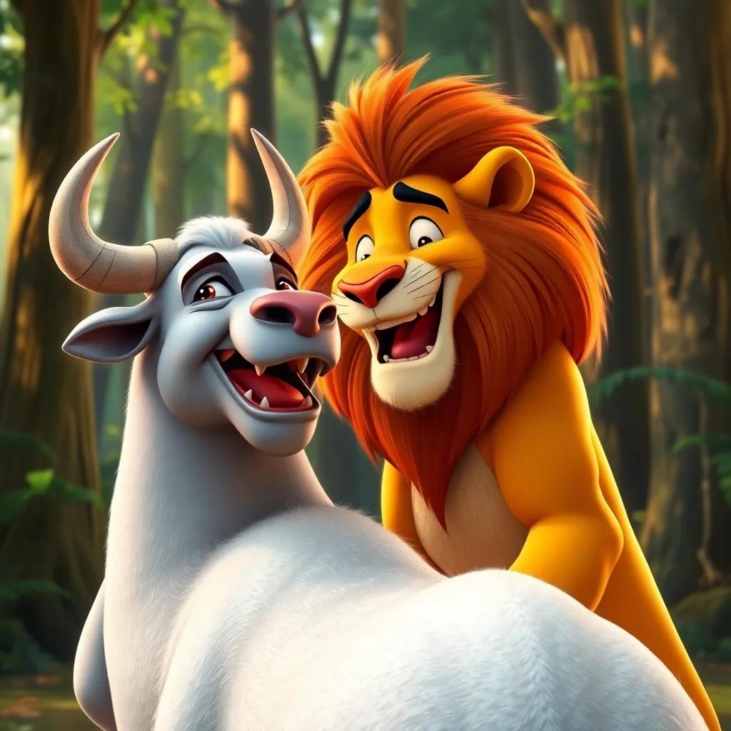 The lion laughing confidently at the white bull, with a prideful stance, realistic forest setting, bright colors, lively images, storytelling view
