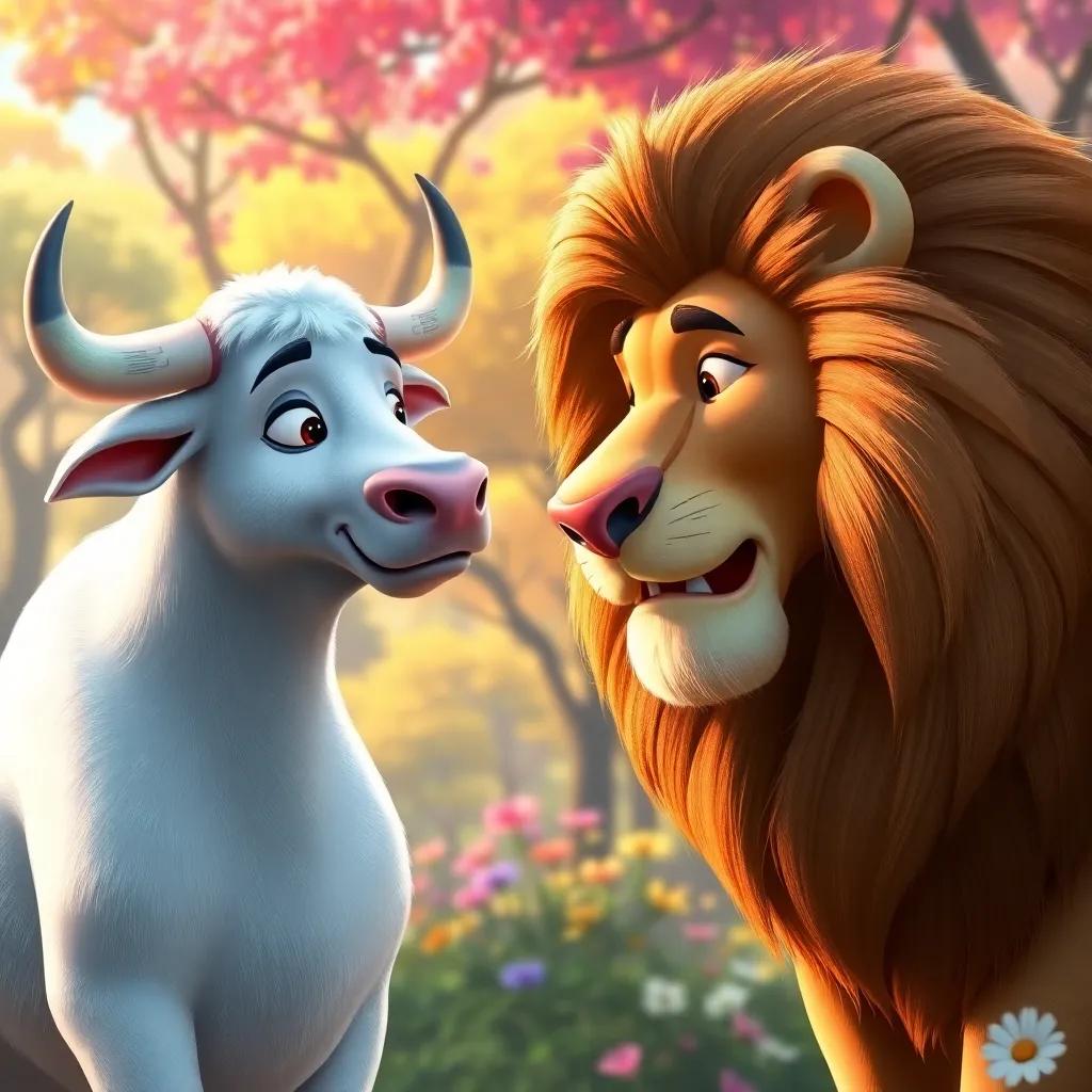 The white bull confidently speaking to the lion, in a soft and humble tone, gentle and friendly, with a colorful background of trees and flowers, warm atmosphere