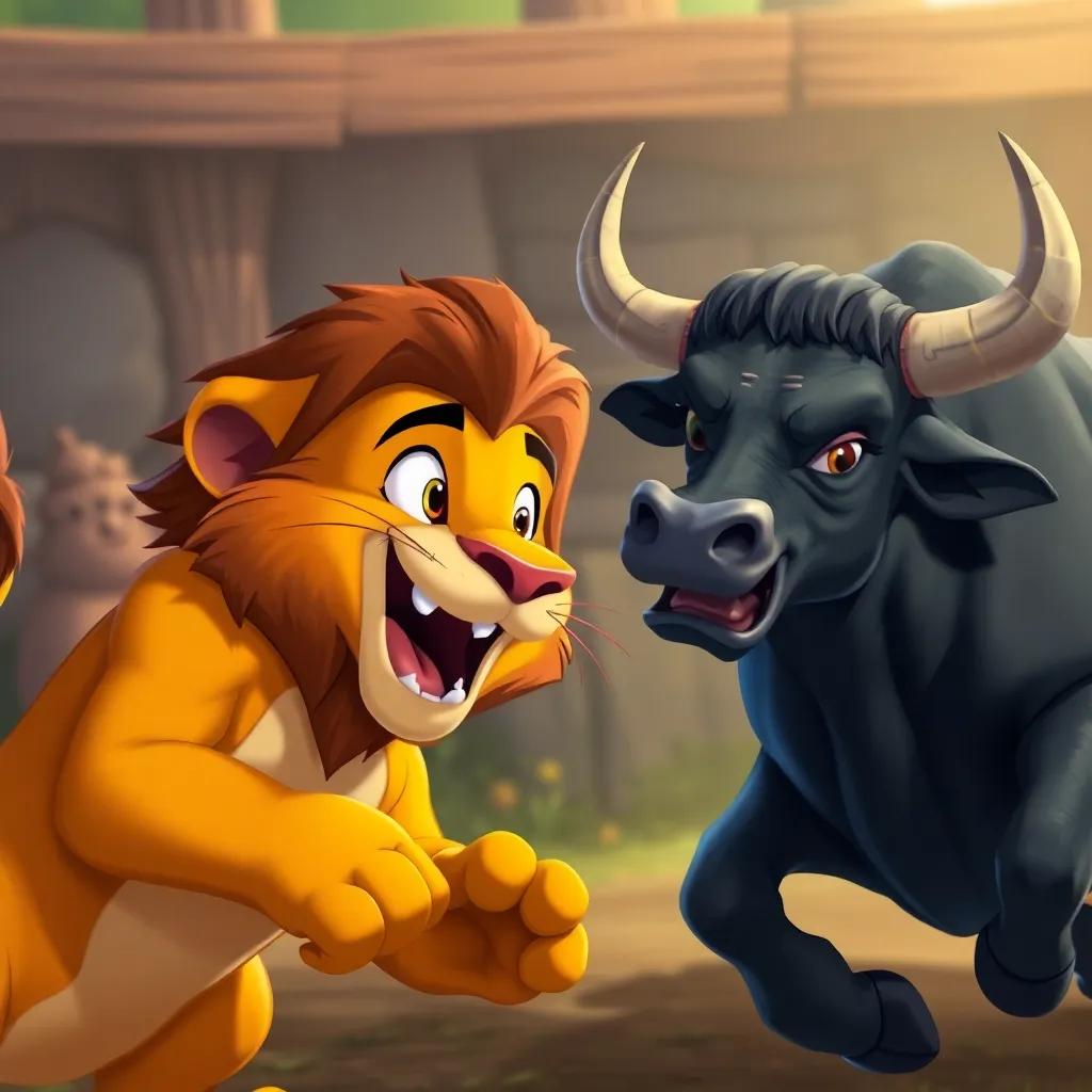 The lion suddenly challenging the bull to a race, with excitement in his eyes, a playful yet competitive environment, detailed art, vibrant colors, action scene