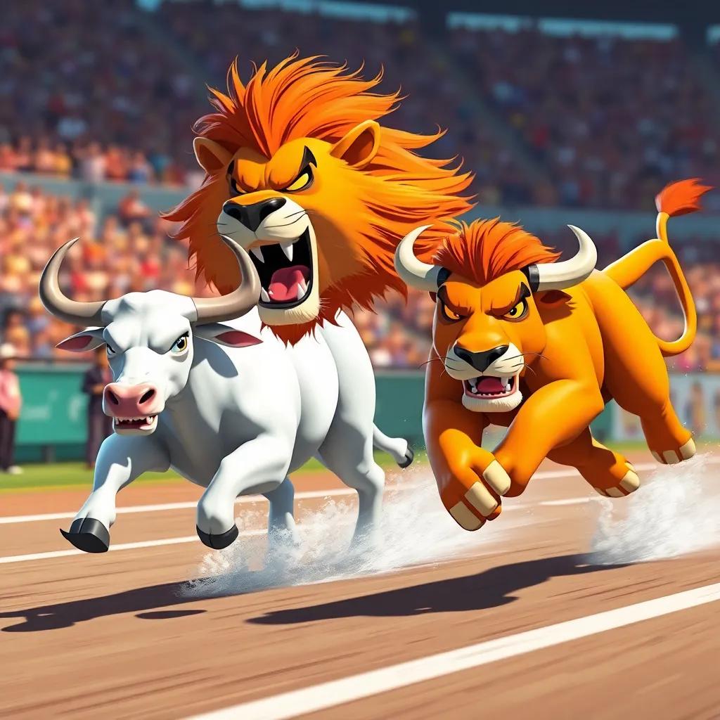 The race begins, the lion sprinting ahead with a fierce expression, while the white bull maintains steady, determined pace, dynamic scene, bright colors