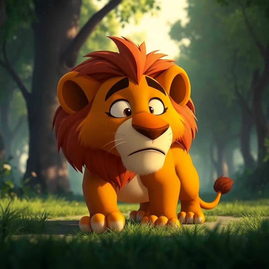 The tired lion, stopping mid-race, with a surprised expression, surrounded by green trees, soft sunlight, thoughtful and contemplative atmosphere