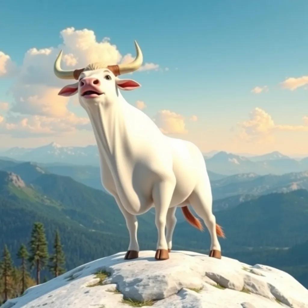 The victorious white bull at the mountain top, celebrating his win, serene landscape in the background, bright colors, uplifting emotions, motivational