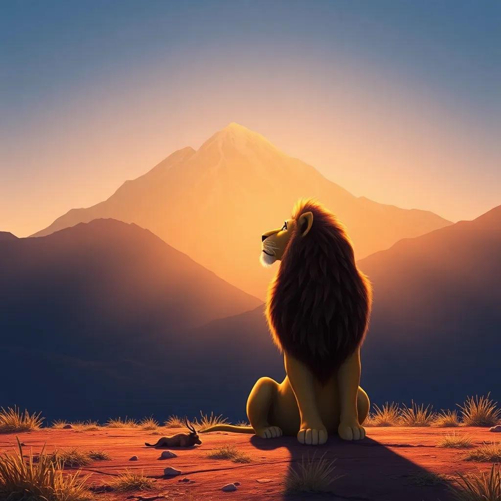 The majestic lion, sitting below the mountain, reflecting on the race, looking up in admiration at the bull, warm light, deep thinking moment, inspiring scene