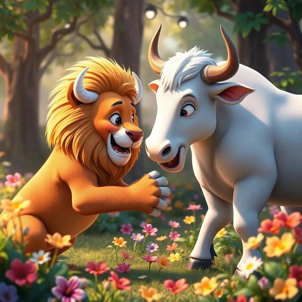 The lion and the white bull become friends, shaking hooves in the lush forest, colorful flowers around, joyful atmosphere, vibrant and heartwarming