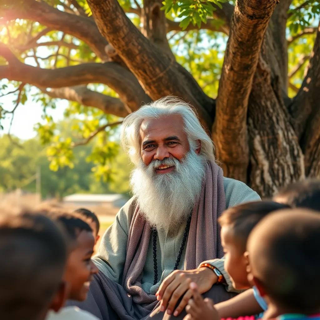 An old man, Am Youssef, with white hair and a beard, sitting under a big tree, smiling at children around him, bright sunny day, vibrant colors, cheerful atmosphere, storytelling scene, high quality