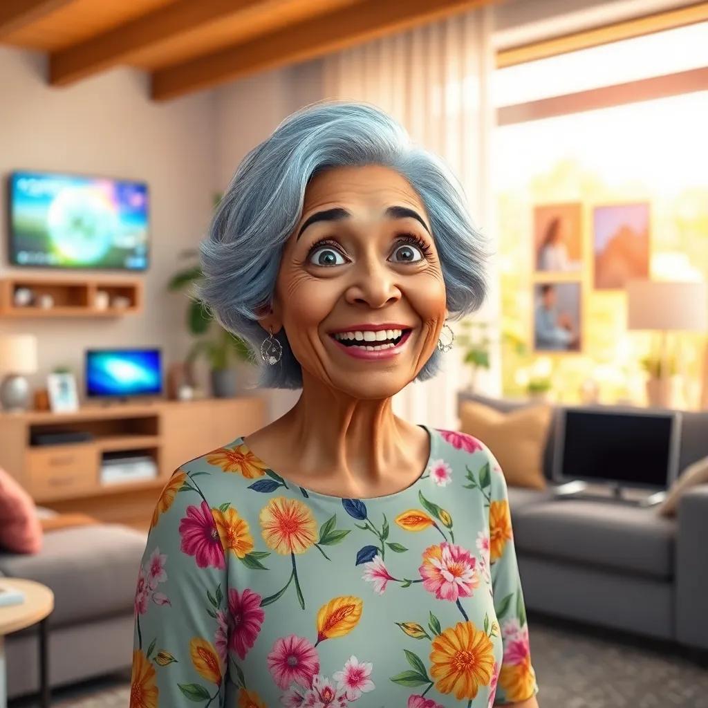 A cheerful older woman, Samira, with grey hair, wearing a floral dress, looking surprised in a bright modern living room filled with smart devices, digital art, colorful, inviting atmosphere, high quality