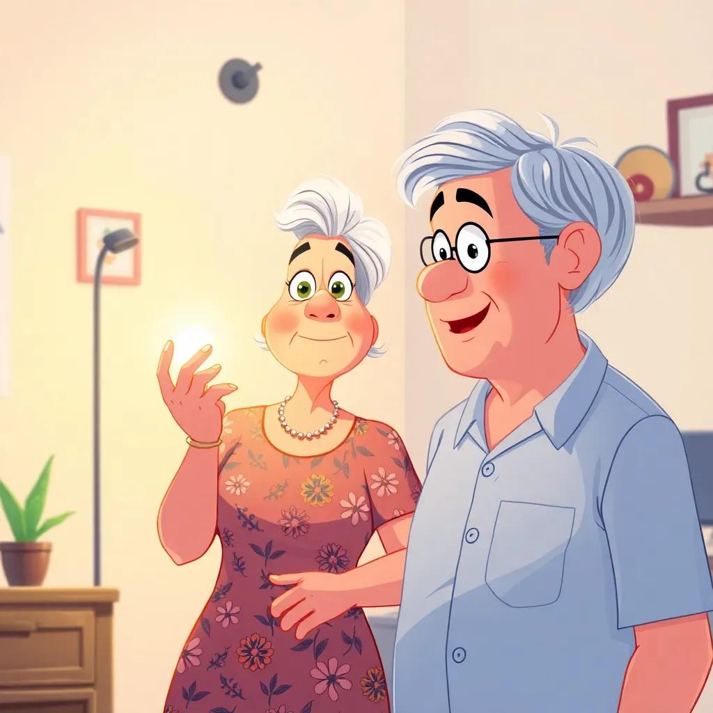 Samira, an older woman with grey hair in a floral dress, amazed by a smart lighting device illuminating the room, standing next to her son, illustration, vibrant, friendly family scene, high quality