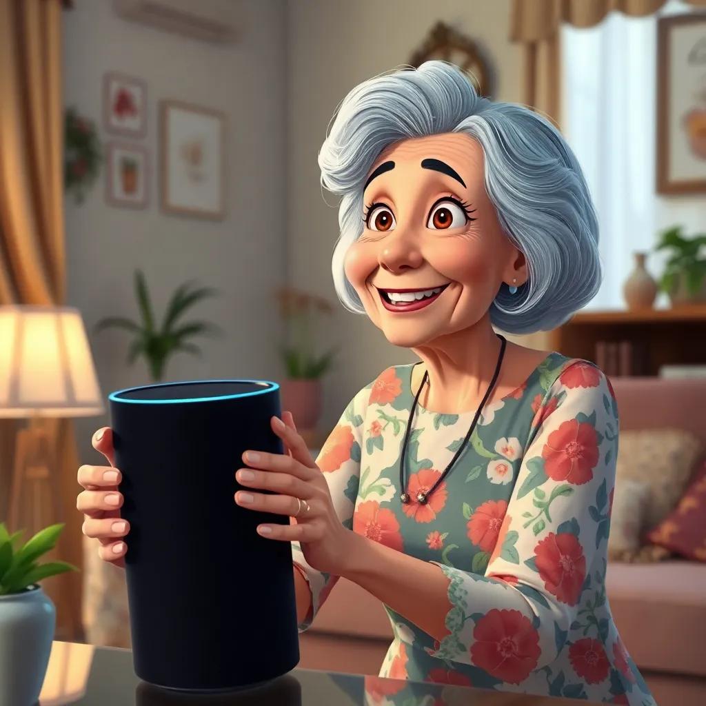 Samira, an older woman with grey hair in a floral dress, interacting with a smart speaker, full of wonder in her eyes, decorated living room background, digital painting, cheerful mood, high quality