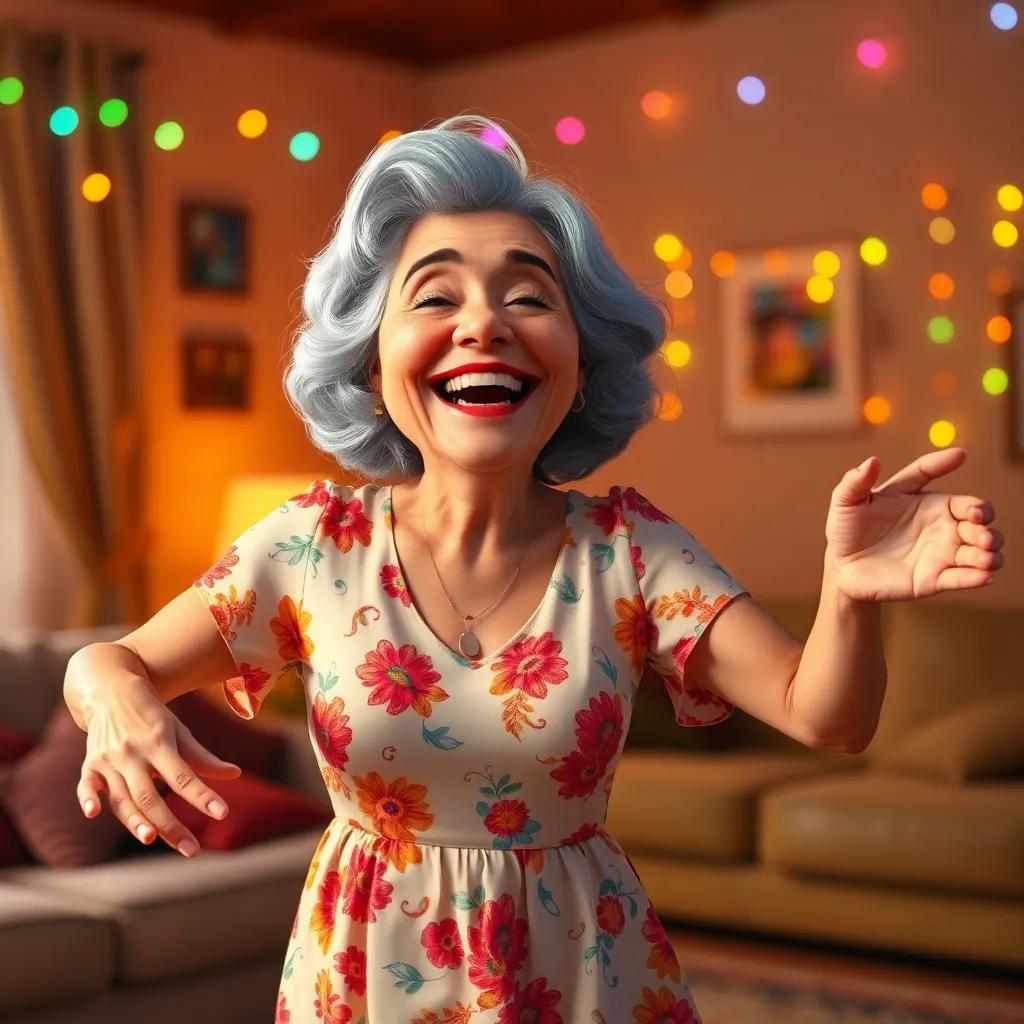 Samira, an older woman with grey hair in a floral dress, dancing happily in the living room with music playing, colorful lights, joy on her face, digital art, lively atmosphere, high quality