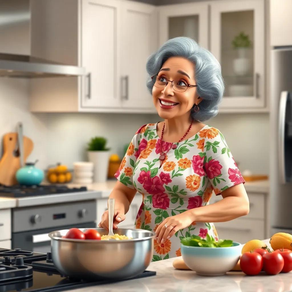 Samira, an older woman with grey hair in a floral dress, cooking in a smart kitchen with new appliances, enjoying the process, bright and warm colors, homey feeling, digital art, high quality