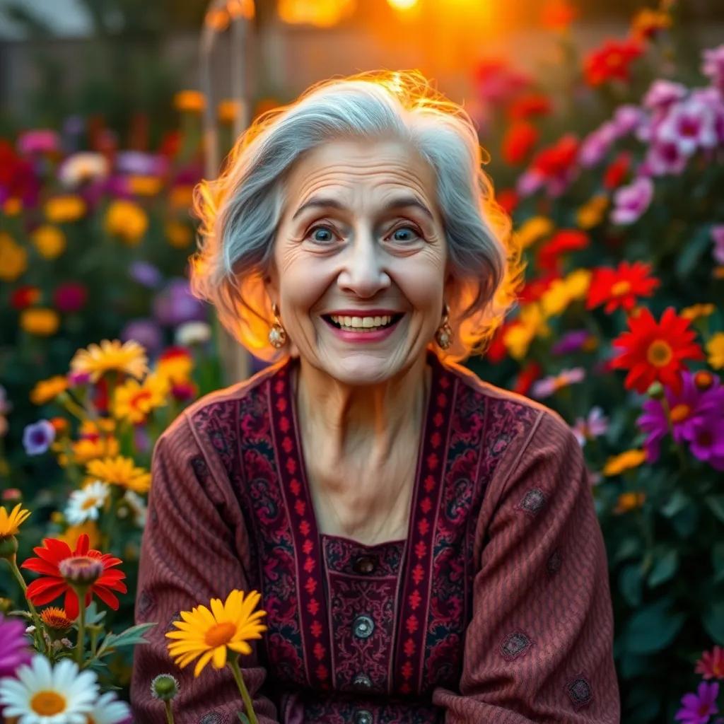 A smiling elderly woman, Leila, with gray hair in a traditional dress, sitting in a garden filled with colorful flowers, surprised expression, evening light, cheerful atmosphere, digital art, vibrant colors, warm and inviting, high quality