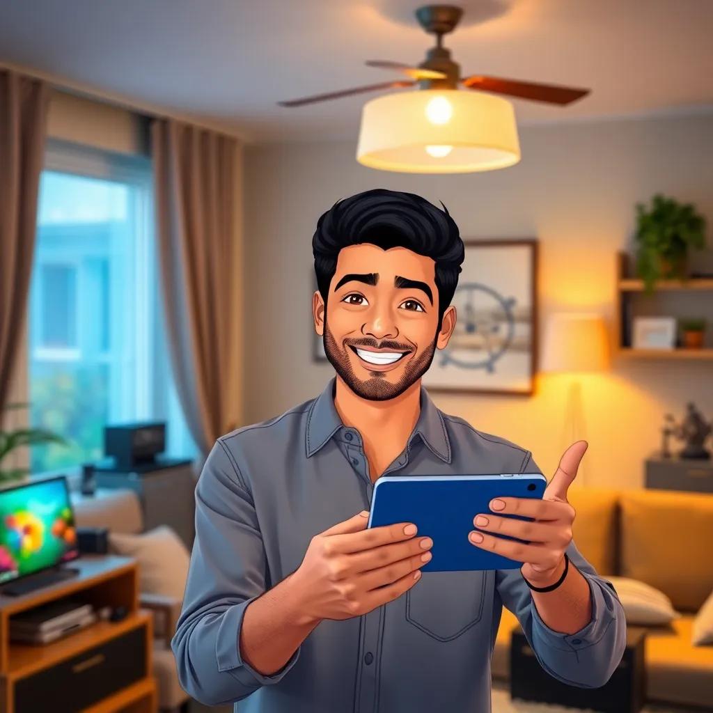 Sami, a young Arab man with short black hair, wearing a casual shirt, demonstrating a smart device in a cozy living room with gadgets around, friendly smile, soft light, cheerful setting, illustration, lively, interactive