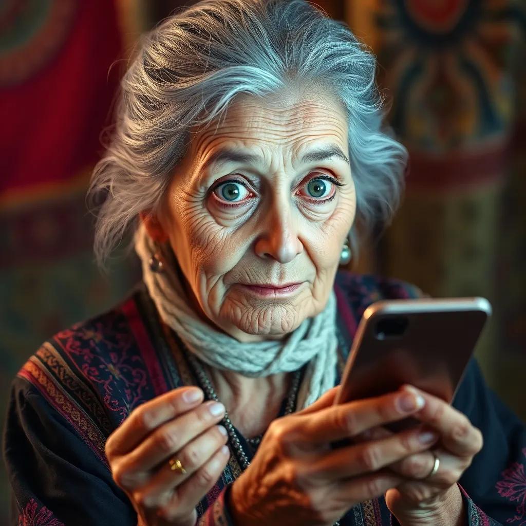 Leila, an elderly woman with gray hair in a traditional dress, looking curiously at a smart device with amazed eyes, warm light, colorful background, detail-oriented, engaging, digital painting
