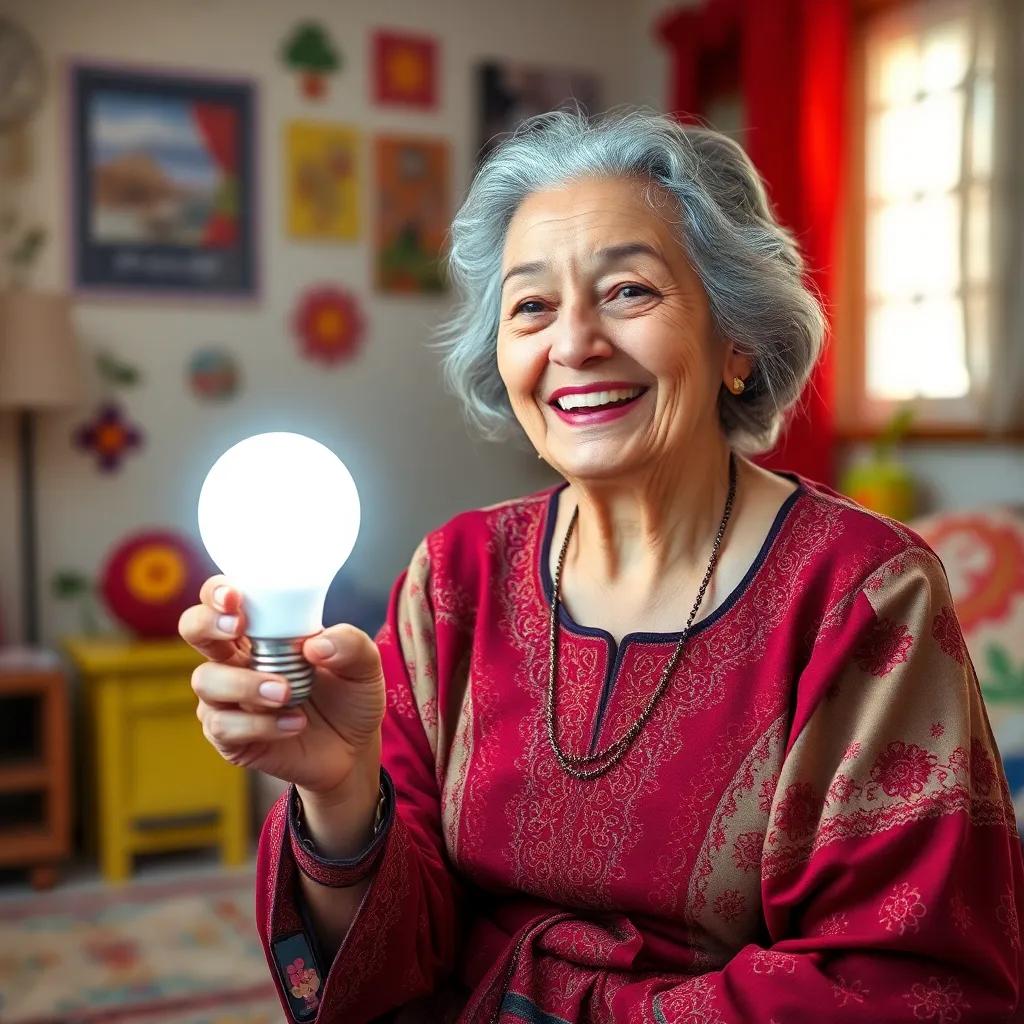 Leila, an elderly woman with gray hair in a traditional dress, joyfully interacting with a smart light bulb that is glowing, in her colorful living room, cheerful atmosphere, detailed, child-friendly, high quality
