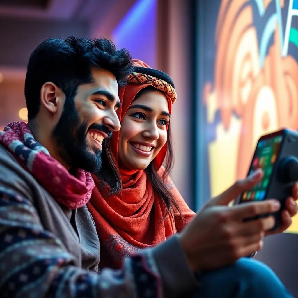 Sami, a young Arab man, smiling at Leila while she plays a game on a smart screen, vibrant colors, joyful mood, detailed digital art, engaging and inviting