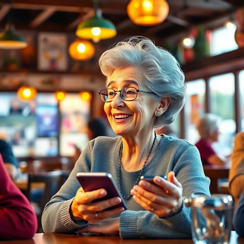 Leila, an elderly woman with gray hair, celebrating her new knowledge of smart devices with friends in a lively café, warm light, colorful background, heartwarming scene, illustration, delightful