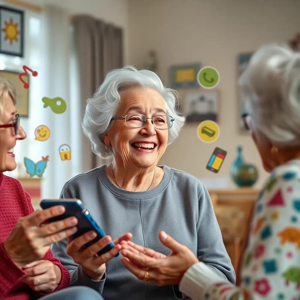 Leila, the elderly woman, joyfully explaining to her friends about smart devices with colorful illustrations around, easy to understand, engaging atmosphere, digital art, fun and friendly