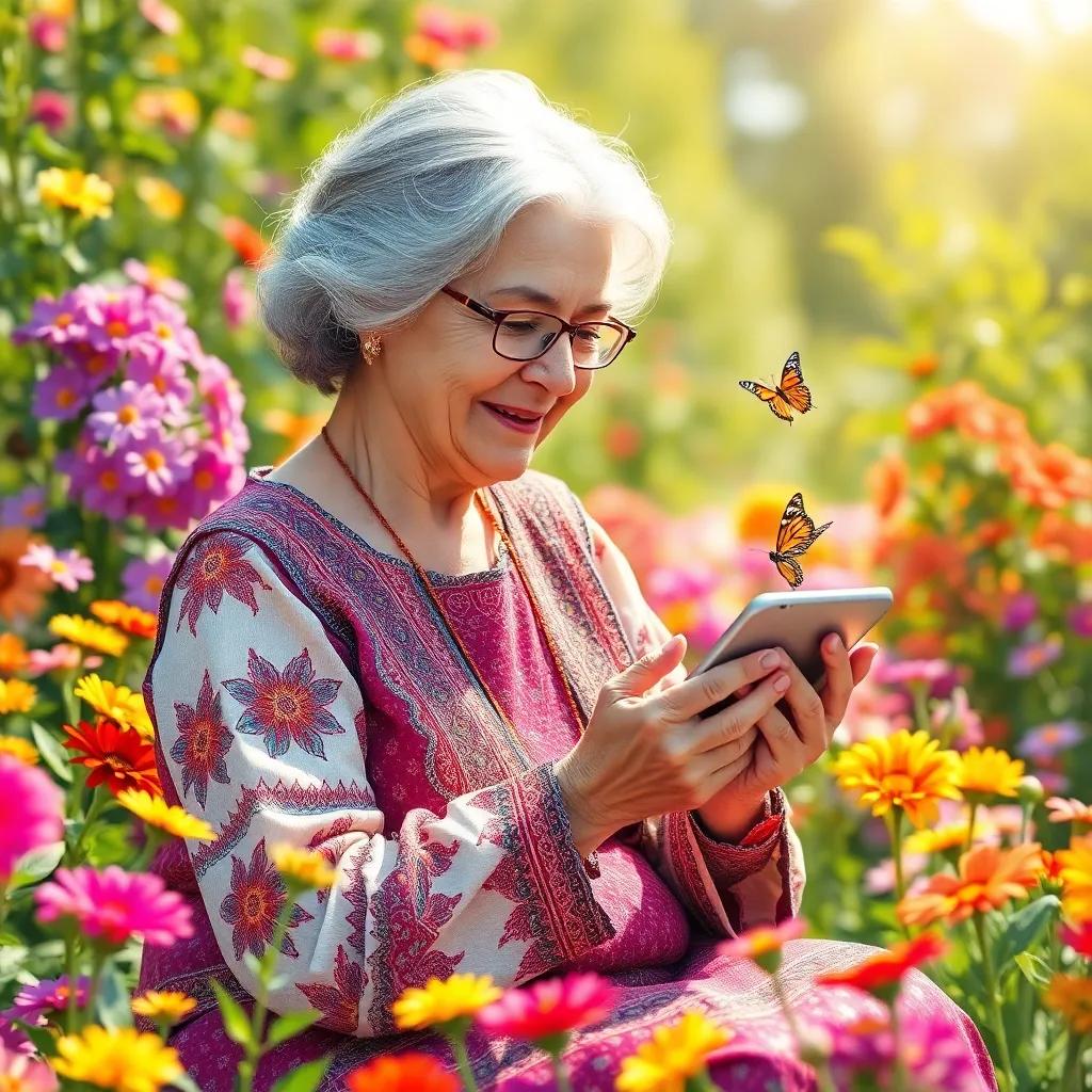 Leila, the elderly woman with gray hair in a traditional dress, browsing a smart device in a sunny garden, surrounded by colorful flowers and butterflies, cheerful, bright light, illustration, lively and colorful