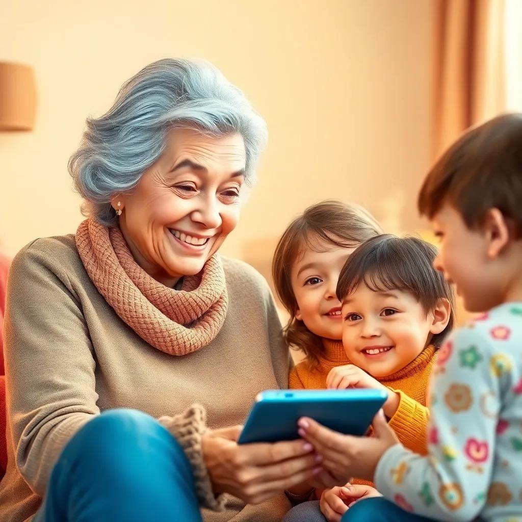 Leila, the elderly woman with gray hair, smiling while demonstrating her favorite smart device to her grandchildren, warm colors, joyful setting, child-friendly illustration, inviting and delightful