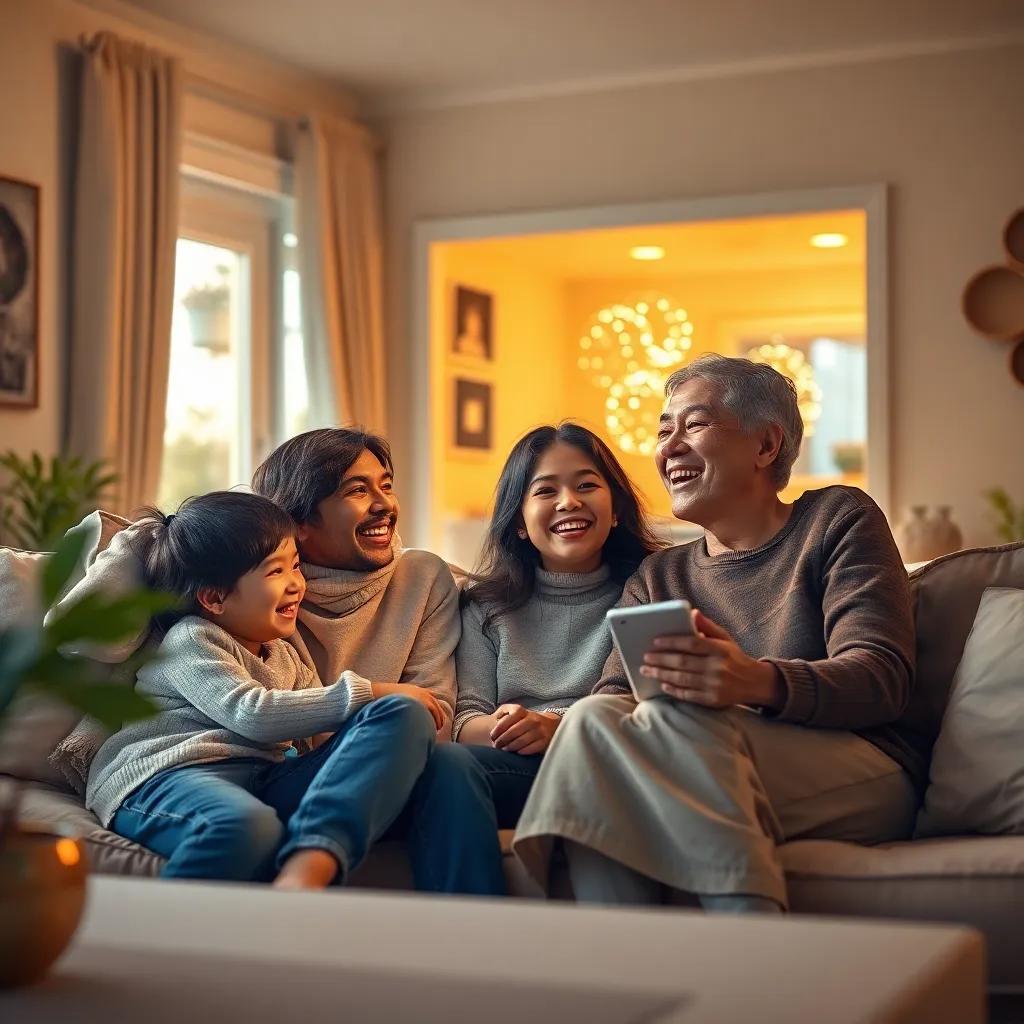 A happy scene of Leila and her family enjoying a smart home experience together, surrounded by light, laughter, and happiness, warm colors, rich details, digital painting, heartwarming view