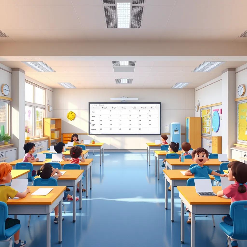 A modern school with bright classrooms and happy children learning, with a high-tech smart schedule screen in the center, colorful, clean, cheerful, inviting atmosphere, digital art, high quality