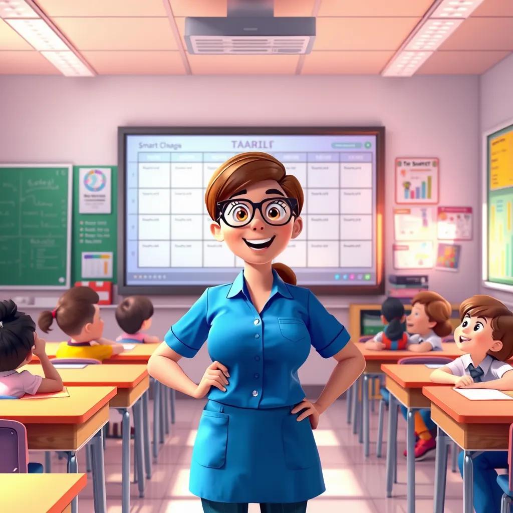 A teacher standing in front of the smart schedule board, looking excited and ready to teach, surrounded by organized classrooms and engaged students, brightness, vibrant colors, inspiring atmosphere, illustration, engaging, educational