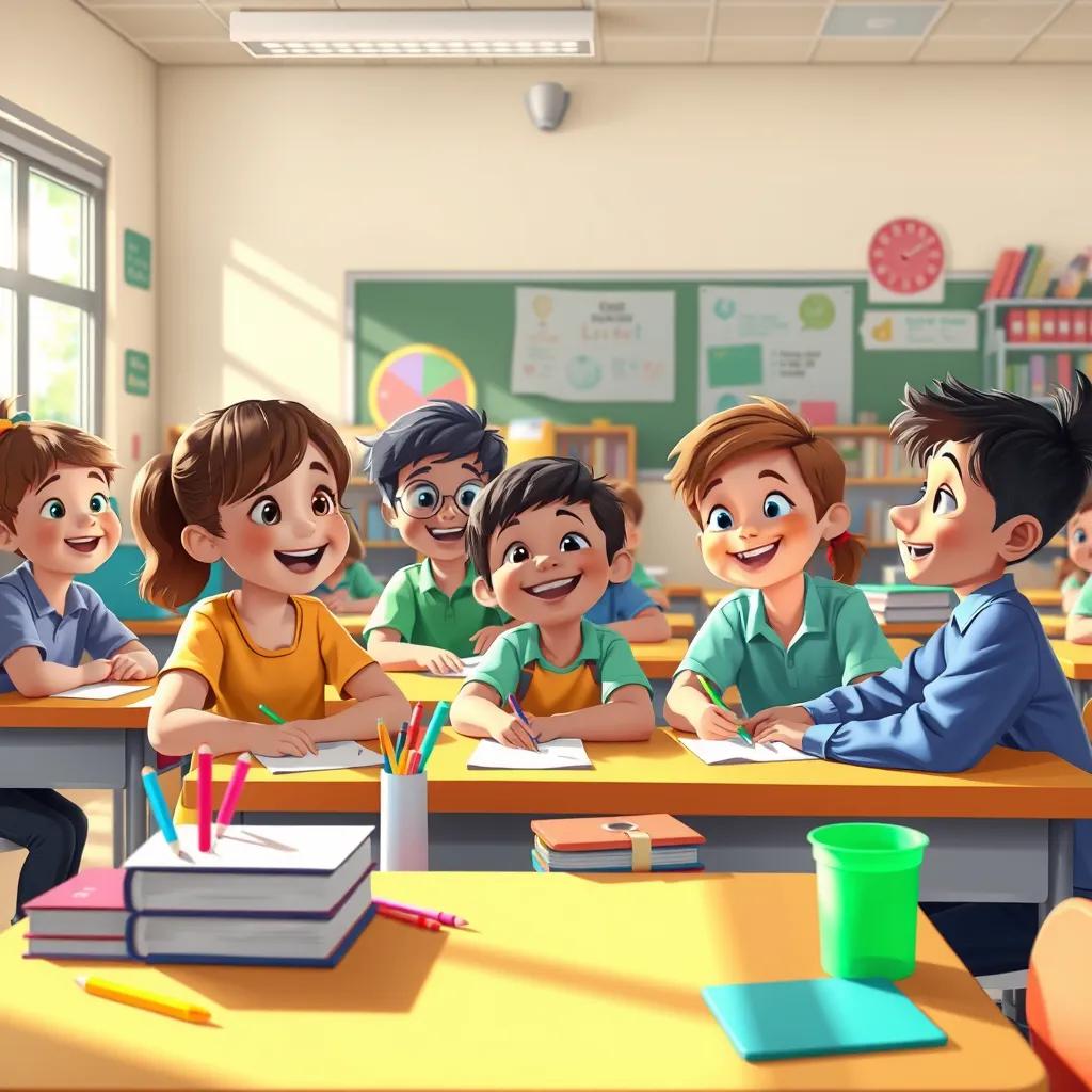 Students happily working together in a classroom environment aided by the smart schedule, focused expressions, colorful desks, books, and tools, bright natural light streaming through windows, harmonious learning space, digital painting, child-friendly, uplifting